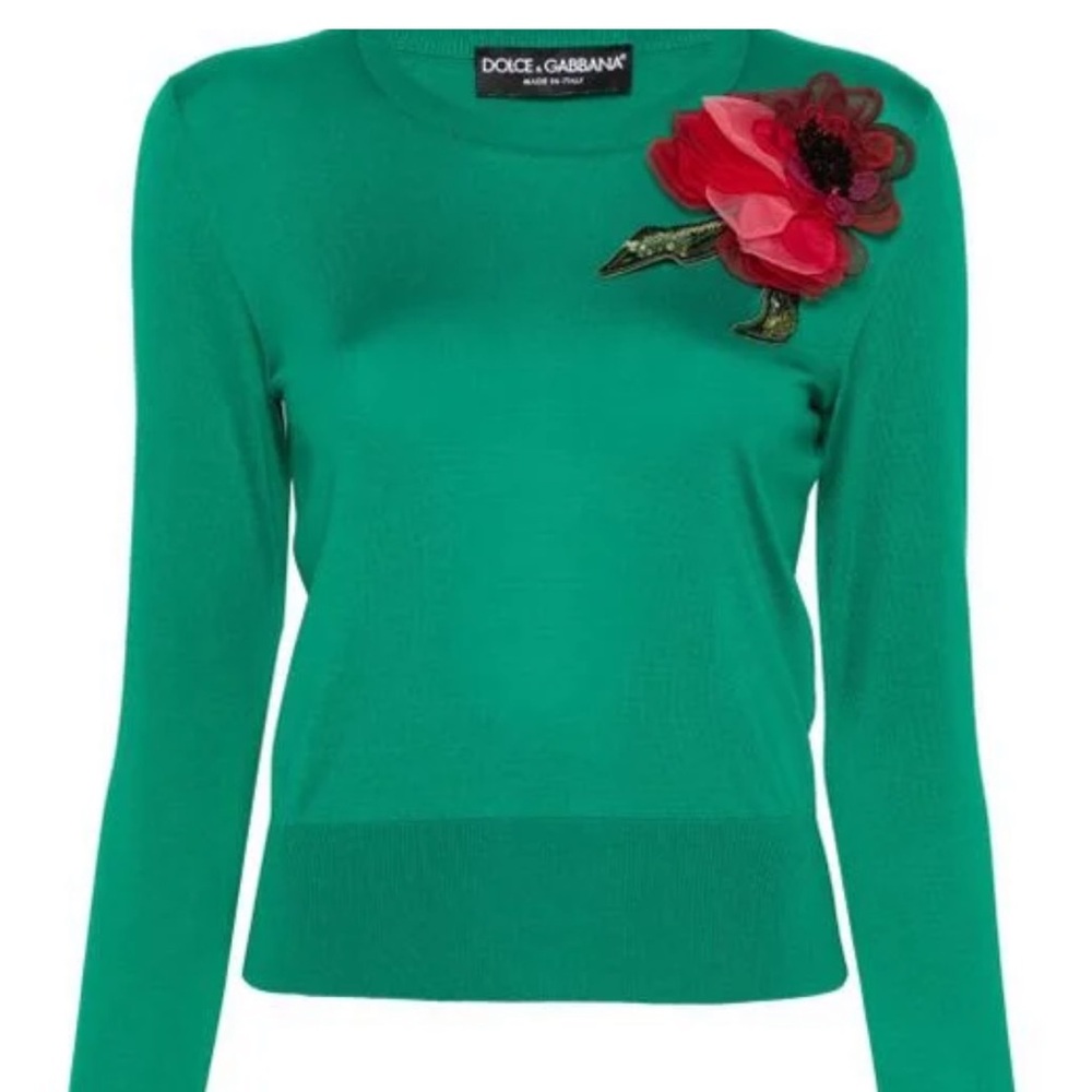 Dolce & Gabbana Green Crewneck Sweater with Pink Floral Applique